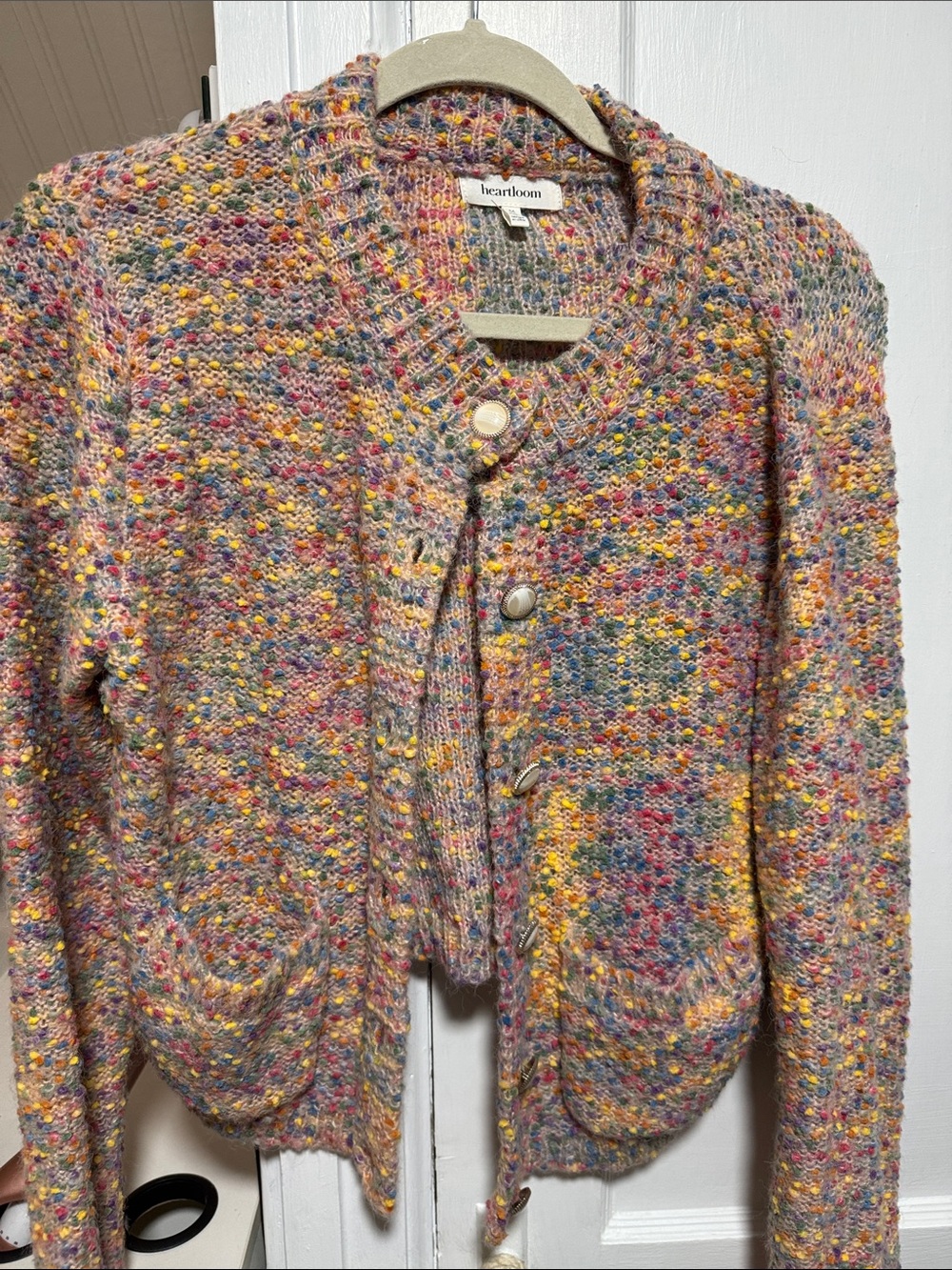 Heartloom Multicolor Bouclé Button-Front Cardigan in Pink, Yellow & Blue